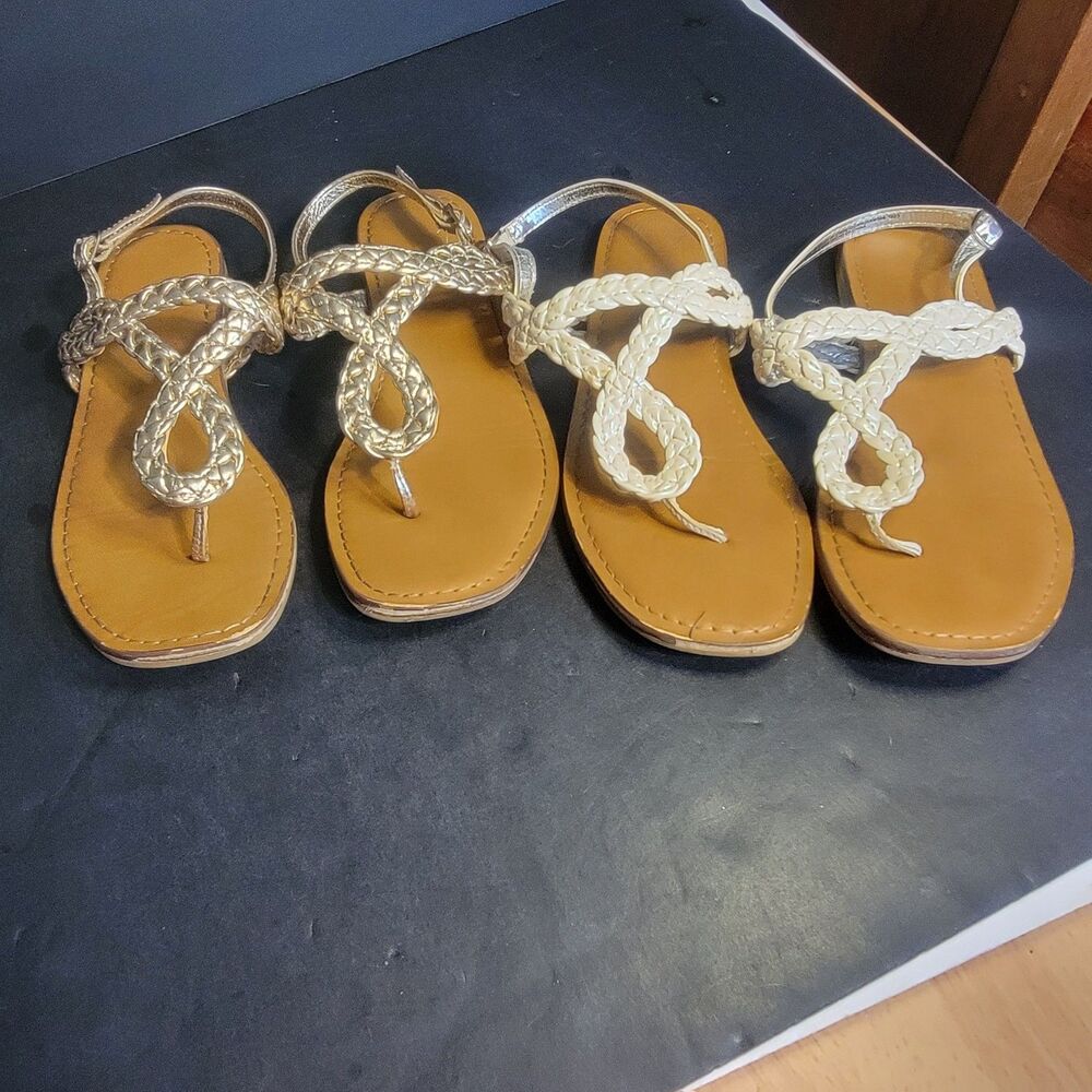 Wonder Nation Women's Gold Tan Braided Ankle Strap Buckle Flat Sandals